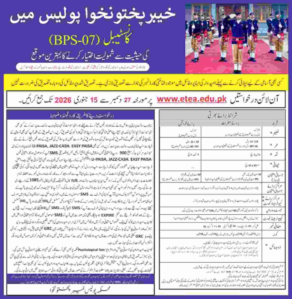KPK Police Constable Jobs 2026 through ETEA