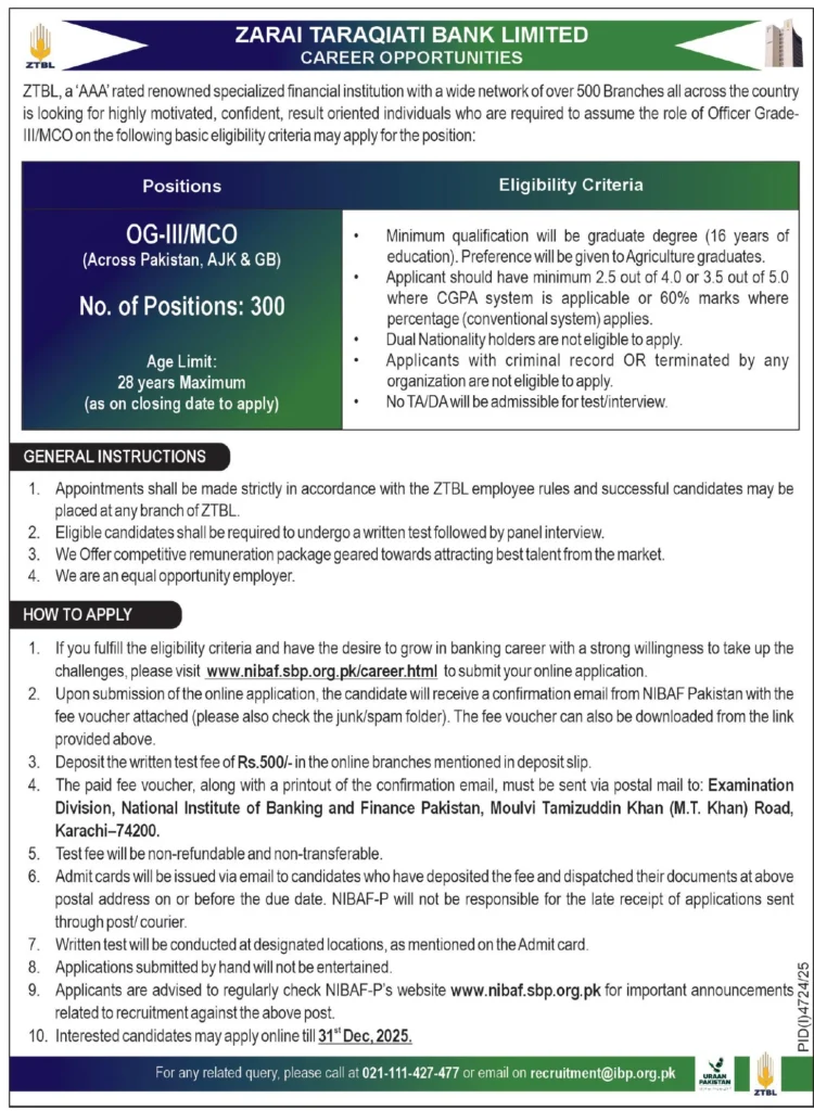 Zarai Taraqiati Bank Limited Jobs 2025 – Apply Online