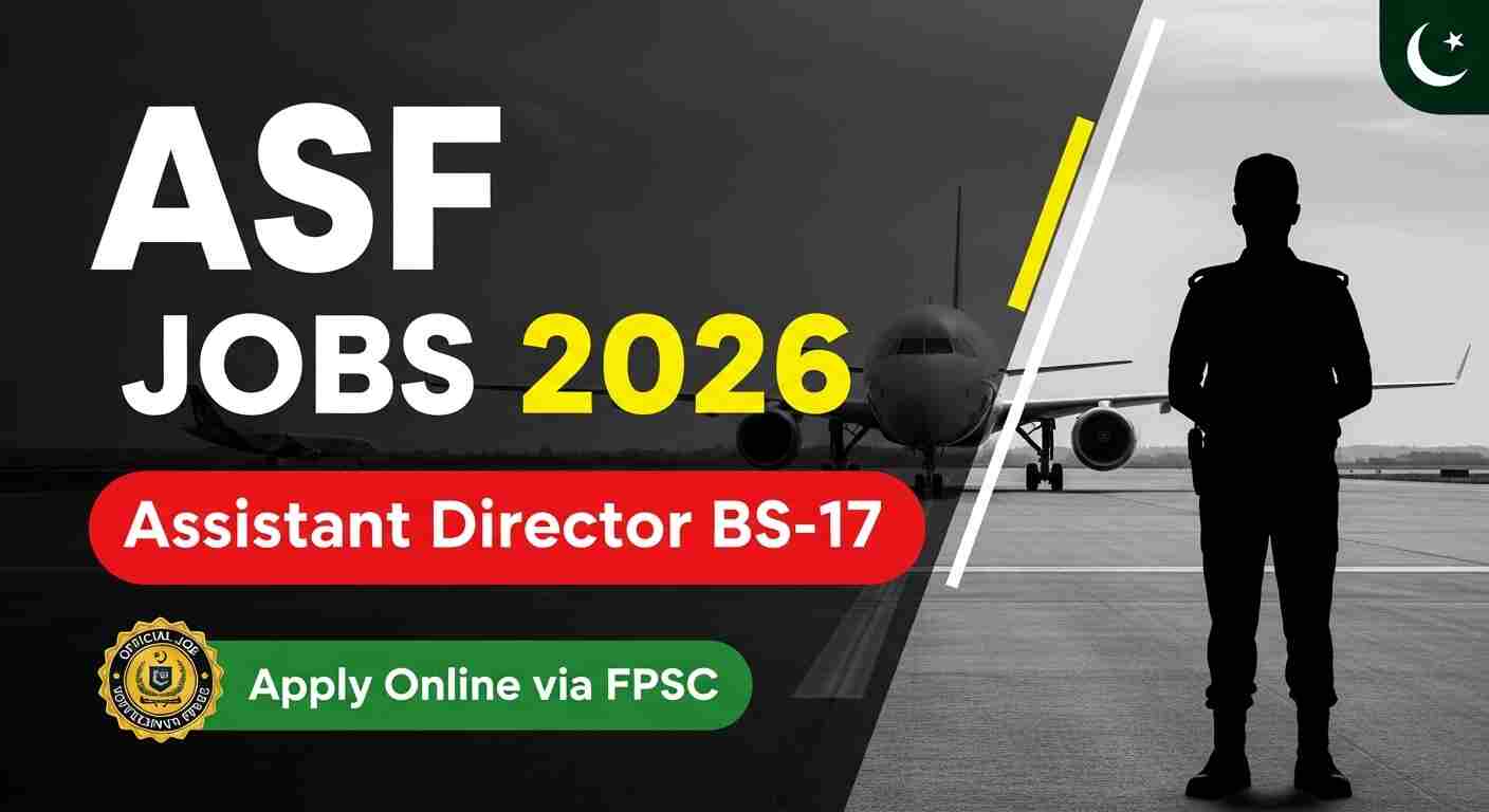 Official banner showing ASF Assistant Director Jobs 2026 online application details with Airports Security Force logo and FPSC recruitment process information.