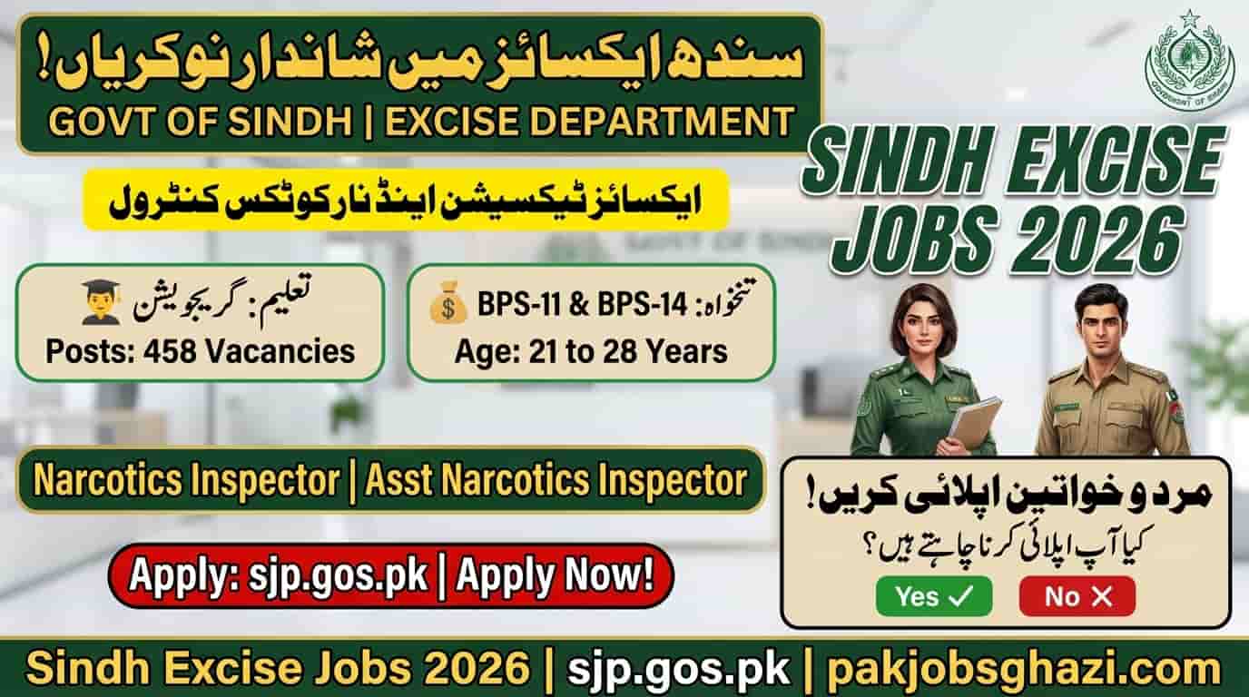 Sindh Excise Jobs 2026 Excise Taxation Narcotics Control Department Sindh announces 458 posts Narcotics Inspector BPS-14 Assistant Narcotics Inspector BPS-11 age 21-28 apply sjp.gos.pk government jobs 2026 jobs in Pakistan