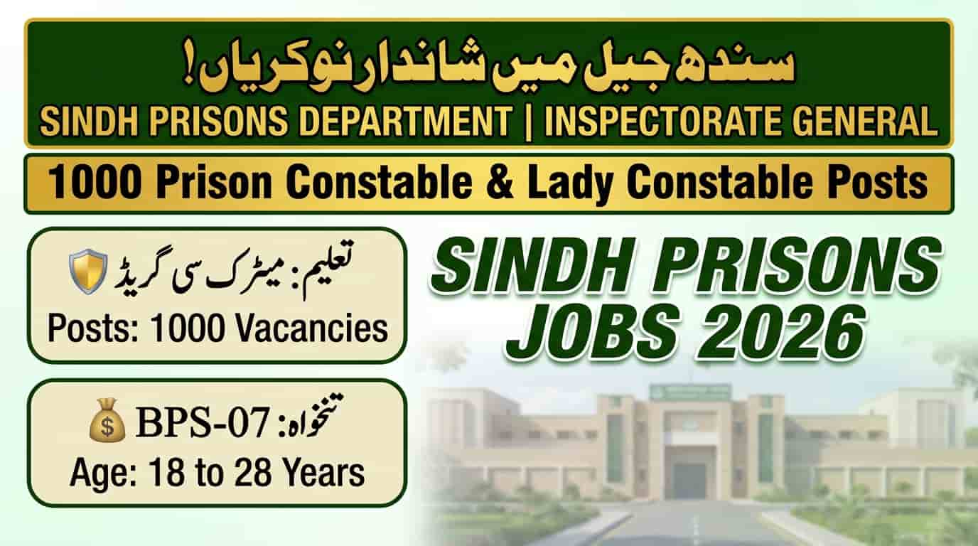 Sindh Prisons Department Jobs 2026 Inspectorate General announces 1000 Prison Constable 985 posts Lady Prison Constable 15 posts BPS-07 age 18 to 28 years matric required apply pts.org.pk government jobs 2026 jobs in Pakistan Sindh Karachi