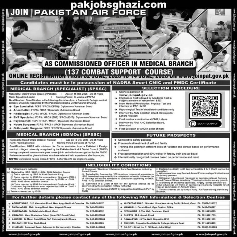 Pakistan Air Force Medical Branch Jobs 2026 | 137 Combat Support Course