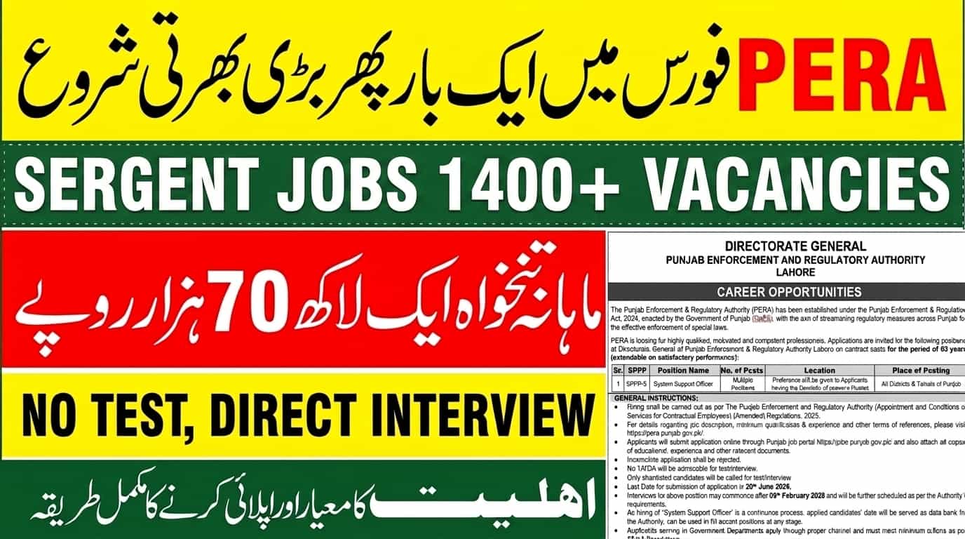 PERA Jobs 2026 Punjab Enforcement Regulatory Authority Sergeant Deputy Manager Apply Online jobs.punjab.gov.pk