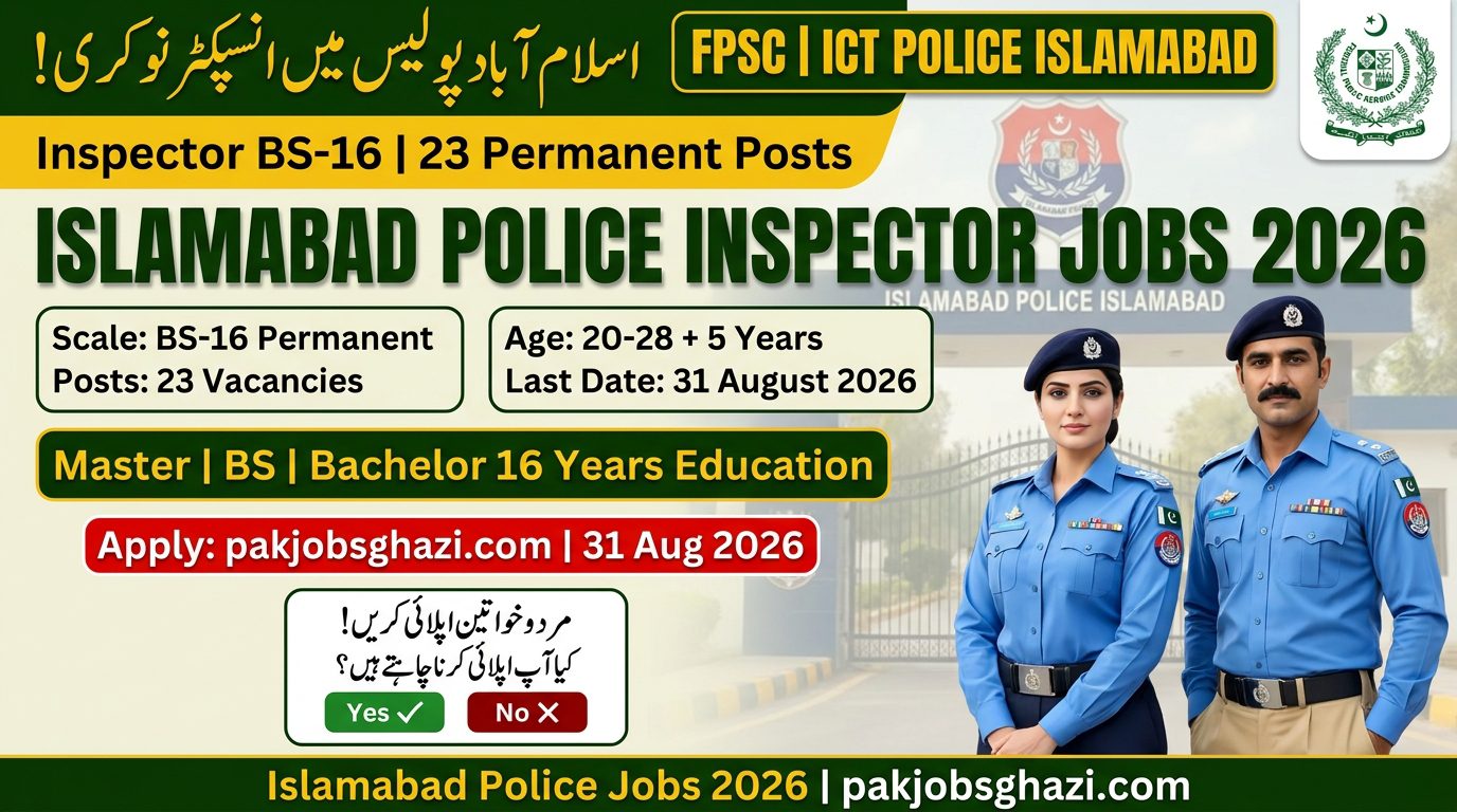 Islamabad Police Inspector Jobs 2026 FPSC announces 23 permanent Inspector BS-16 posts ICT Police Islamabad Ministry of Interior age 20 to 28 years plus 5 years relaxation Master Bachelor required apply fpsc.gov.pk 31 August 2026 government jobs 2026 jobs in Pakistan